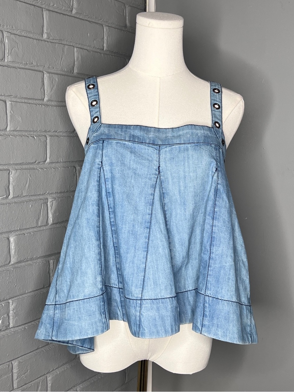 Free People ZINNIA Denim Swing Tank Top with Eyelet Straps XS